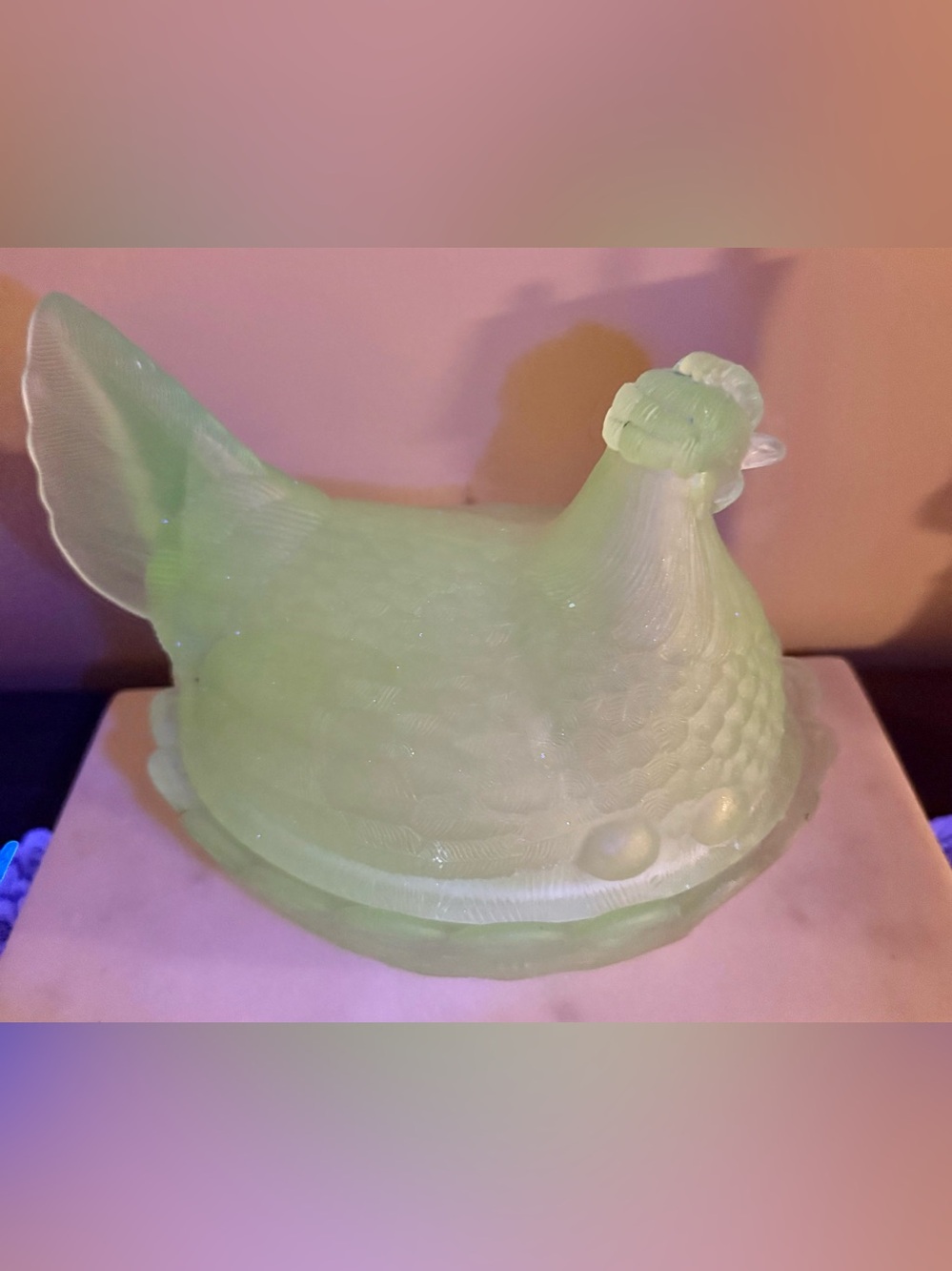 Vintage Clear with Uranium Green Glass Hen on Nest Decorative Bird Dish